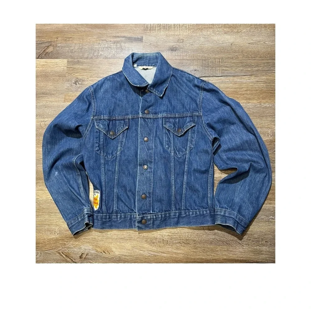 True Vintage 1960s–70s Denim Trucker Jacket w/ Triumph & Corvette Patches